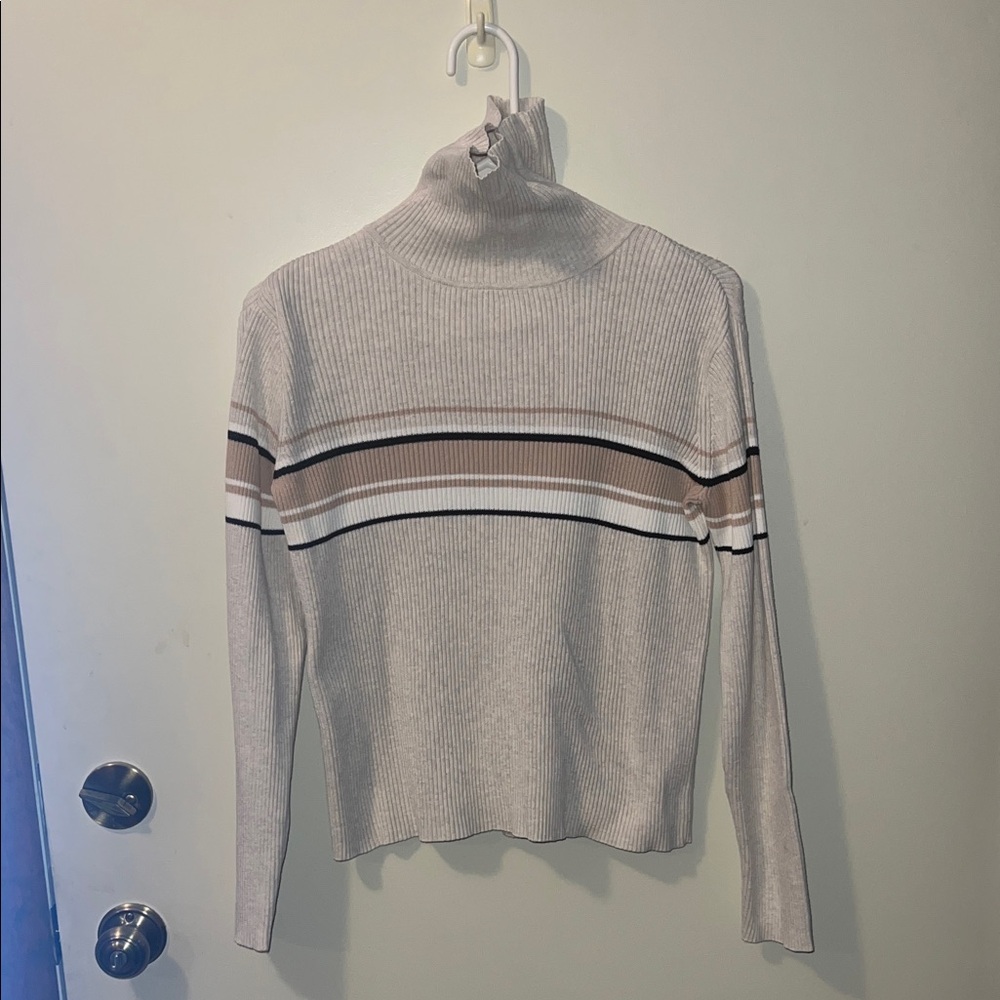 Relativity Beige and White Striped Turtleneck Sweater